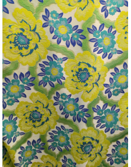 Tissu Brocart imprimée fleurs jaune avec fond bleu 